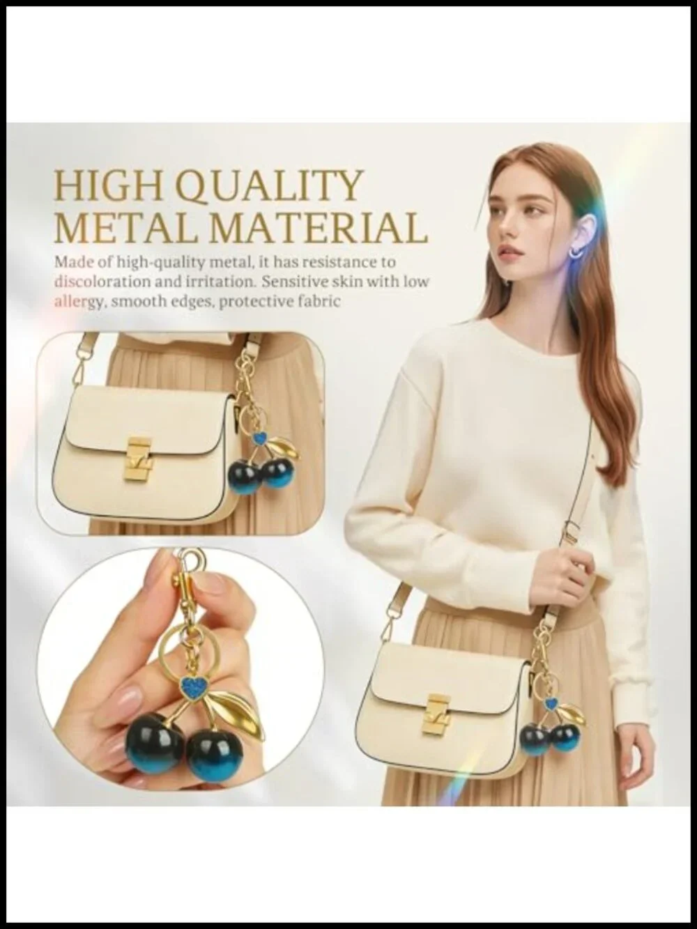 Cherry Bag Charm Keychain Glossy Resin Gold-Tone Metal Purse Accessory